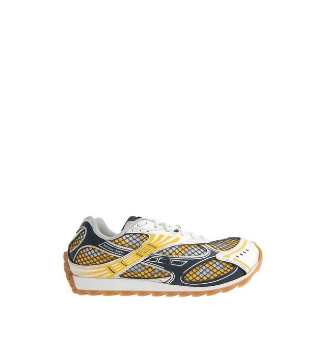 Image 1 of 5 - YELLOW - BOTTEGA VENETA Orbit Sneaker featuring mechanical textile upper, rubber sole, lace-up front, padded collar and tongue with Bottega Venneta logo detail at tongue. Made in Italy.