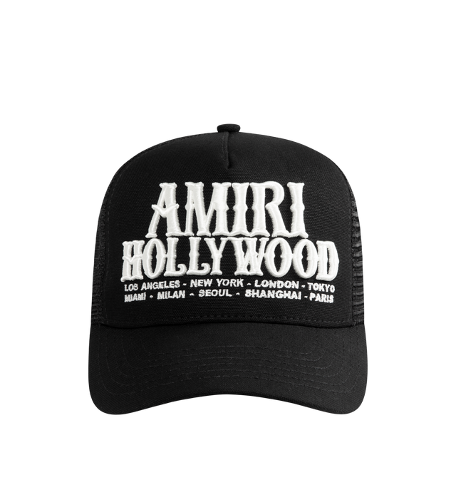 Image 1 of 3 - BLACK - AMIRI Hollywood Trucker Hat featuring an embroidered Hollywood along with other cities, curved brim and mesh back. Made in USA.