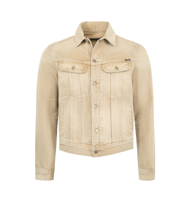 Image 1 of 3 - BROWN - TOM FORD Colored Denim Icon Jacket featuring a lived-in finish, logo tag above the flap pocket, button closure and button cuffs. 100% cotton. Made in the USA.