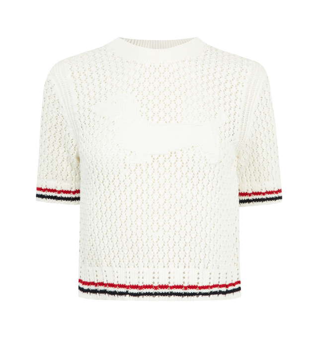 Image 1 of 2 - WHITE - THOM BROWNE Pointelle Stitch Hector Tee featuring Hector rendered in tonal intarsia across the front, open stitch knitwork, ribbed neckline, contrast stitch trim along armholes, ribbed cuffs and hem with RWB tipping and signature striped grosgrain loop tab. 100% cotton. Made in the United Kingdom.