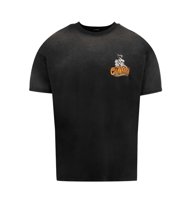 Image 1 of 2 - BLACK - WILLY CHAVARRIA Chavarria Pomade East T-Shirt featuring ribbed crew neckline, short sleeves, screen printed graphics and regular fit. 100% cotton. Made in USA.