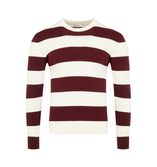 Image 1 of 3 - RED - MONCLER Striped Wool Sweater featuring rib knit, gauge 14, crew neck and leather logo patch. 100% virgin wool.
