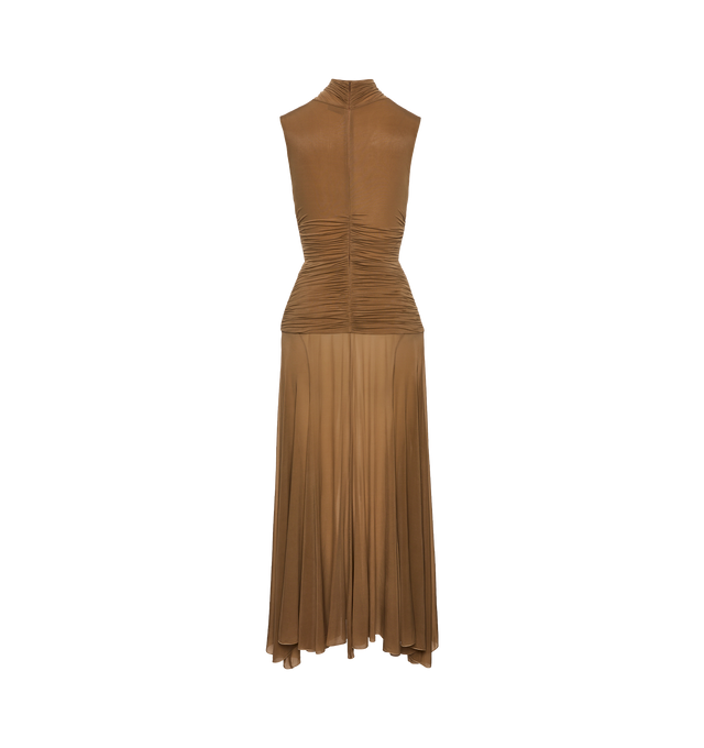 Image 2 of 2 - BROWN - MAGDA BUTRYM High-Neck Cupro Midi Dress featuring sheer midi dress, a fitted high-neck bodice, flowy midi skirt and ruching at the waist to create an elongated drop-waist effect. 92% cupro, 8% elastane.