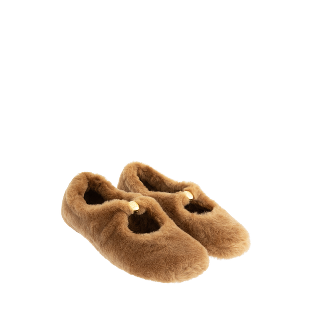 Image 2 of 4 - BROWN - LOEWE Pebble Soft Ballerina Flat in shearling featuring a flexible upper engineered for extra comfort, signature petal toe shape, engraved Anagram on pebble, padded leather insole and anagram embossed rubber outsole. Lamb shearling. Made in Italy.