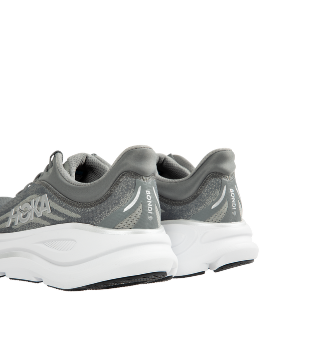 Image 3 of 5 - GREY - HOKA M Bondi 9 Sneaker featuring engineered mesh upper with rubber sole, lace-up front, foamed EVA midsole and increased stack height for maximum cushioning, zonal breathability, reflective detailing and cushioned tongue and collar.