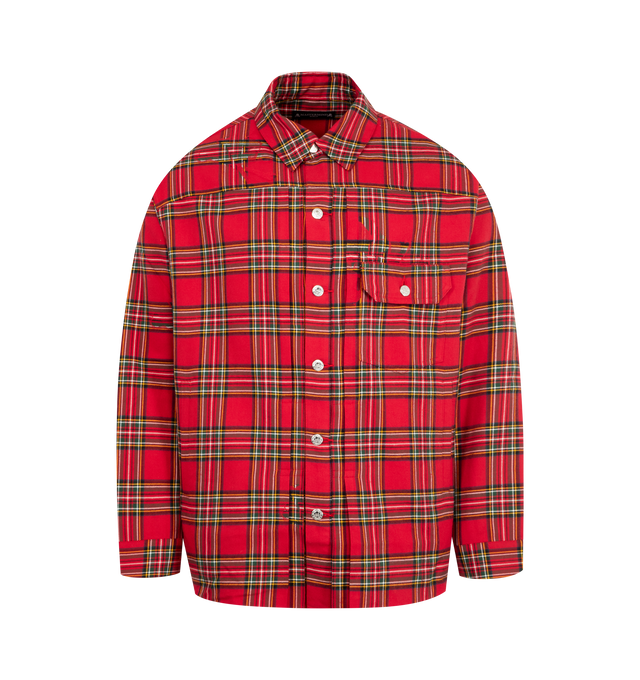 Image 1 of 2 - RED - MASTERMIND JAPAN Type 1 Plaid Shirt featuring master seed cotton fabric, embroidery SKULL and logo on the back, long sleeves, collar and button front. 100% cotton.