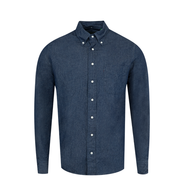 Image 1 of 2 - BLUE - Gitman Bros Vintage Blue Denim Shirt has a button-down collar, a split yoke, a locker loop, a rear collar button, a rear center box pleat, a chest pocket, button cuffs, and a lined placket. 100% cotton. Made in USA.