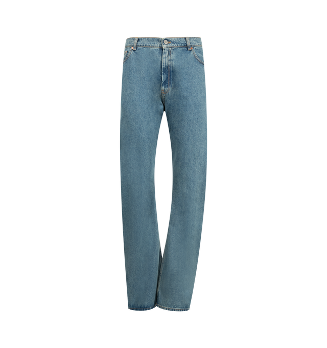 Image 1 of 3 - BLUE - VETEMENTS O Leg Jeans featuring belt loops, five-pocket styling, zip fly and straight fit. 100% cotton.