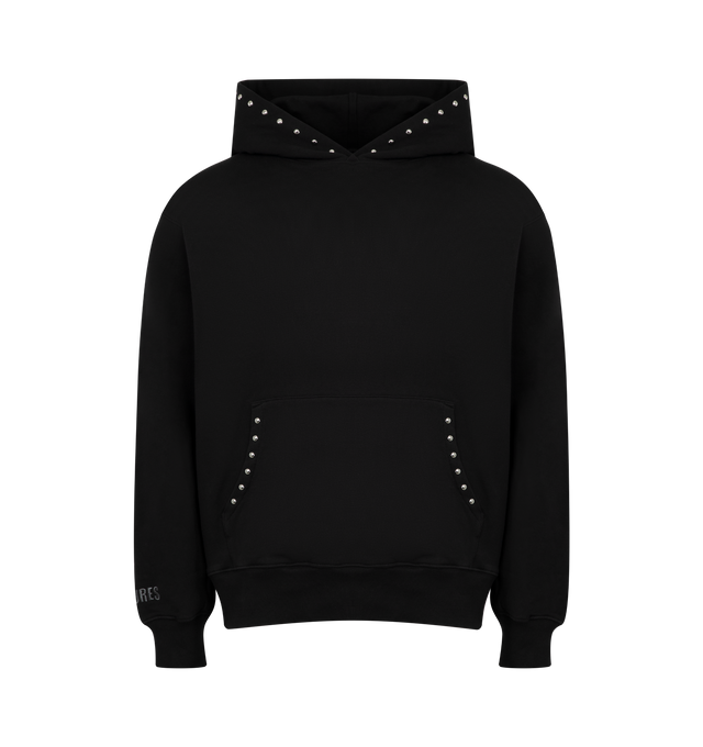 Image 1 of 2 - BLACK - PLEASURES X DAFT PUNK Lucky Studded Hoodie featuring heavyweight french terry fabric, fixed hood, ribbed cuffs and hem, kangaroo pocket, studded detailing on hood and pocket, studded Daft Punk logo on back and embroidered Pleasures wordmark above right cuff. 100% cotton.
