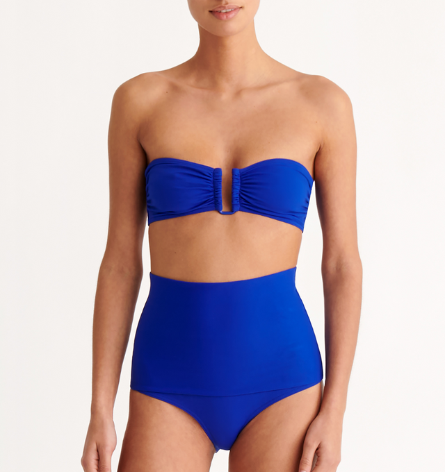 Image 4 of 6 - BLUE - ERES Show Bandeau Bikini Top featuring bust shirring at front and sides, U-shaped metal link between cups, side stays and branded large back clasp. 84% Polyamid, 16% Spandex. Made in Italy. 
