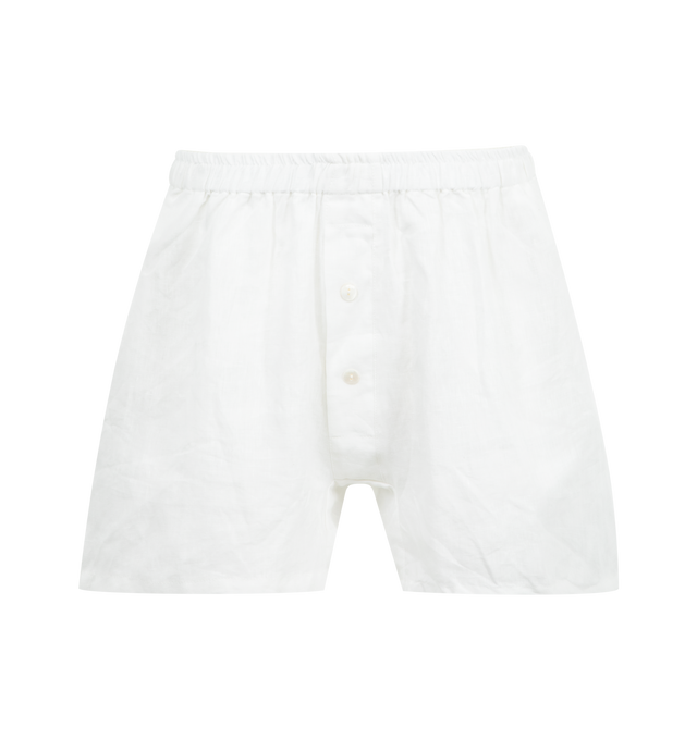 Image 4 of 6 - WHITE - DEIJI STUDIOS 03 Set featuring an oversized box fit linen shirt with wide arms and a front pocket. Mid rise, loose fitting boxer style shorts with a faux button down fly and an elastic waist for extra comfort. 100% OEKO-TEX 100 certified, GOTS certified organic and EU certified stone washed french linen.