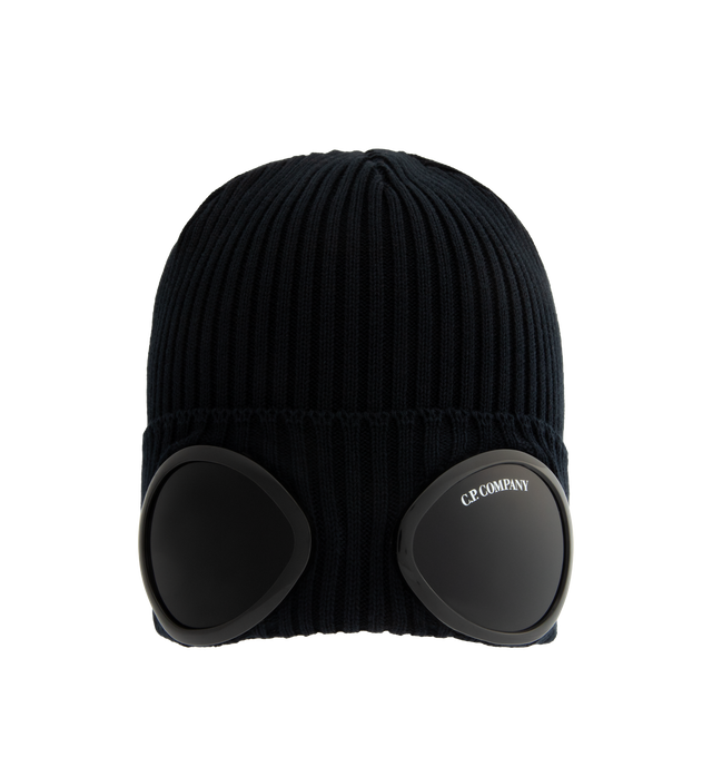Image 1 of 2 - NAVY - C.P. COMPANY Cotton Goggle Beanie featuring turn-up brim, ribbed knit and goggle lenses. 100% cotton. Made in Italy.