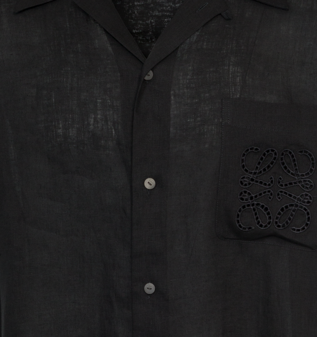Image 3 of 3 - BLACK - LOEWE PAULA'S IBIZA Linen featuring relaxed fit, regular length, camp collar, short sleeves, button front fastening, chest patch pocket, straight hem and Anagram ajour embroidery placed on the chest pocket. Linen. Made in Portugal. 