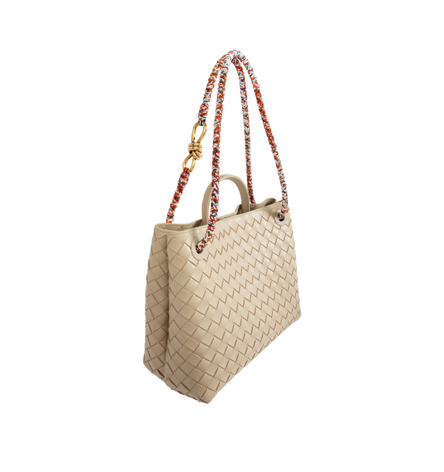 Image 2 of 4 - NEUTRAL - BOTTEGA VENETA Andiamo Bag featuring intrecciato leather, top-handle, multicolor sliding cross-body strap, compartmented interior with one zipped pocket, one open pocket and magnetic closure. Lambskin. Made in Italy.