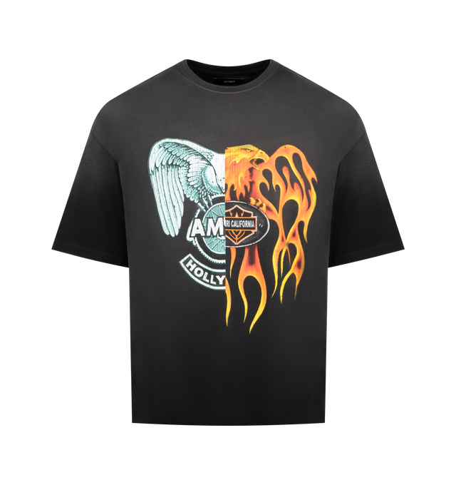 Image 1 of 2 - BLACK - AMIRI Spliced Logo Tee featuring front graphic logo detail, lightweight jersey fabric, crew neck and short sleeves. 100% cotton. Made in Italy.