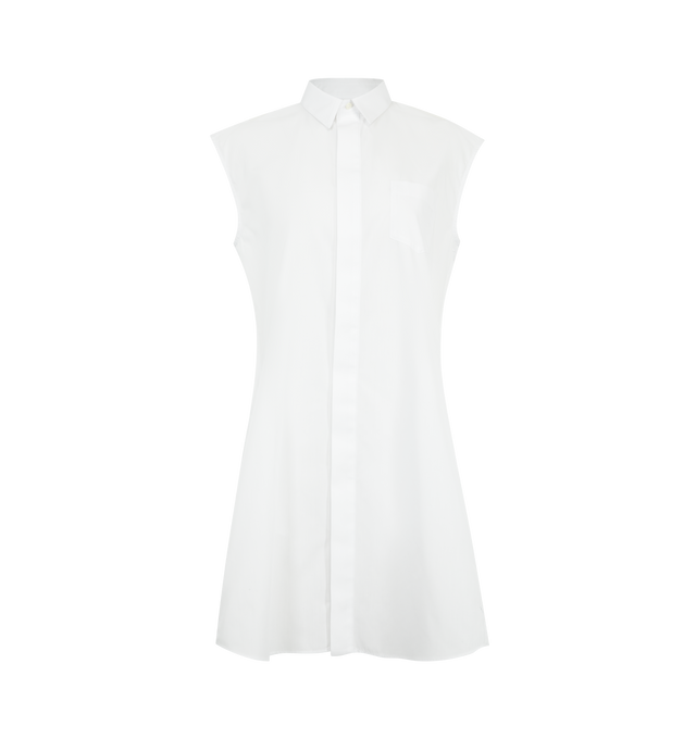Image 1 of 3 - WHITE - SACAI Poplin Dress featuring concealed front button closure, sleeveless, collared neck, mini length and pleated at the back. Cotton. Made in Japan.