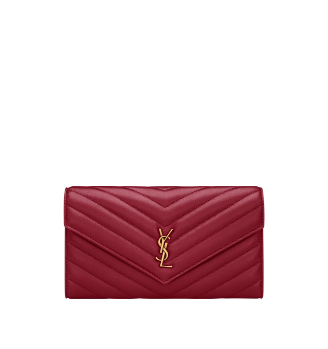Image 1 of 3 - RED - SAINT LAURENT Large Flap Wallet in lambskin featuring quilted topstitching, bronze-tone hardware, snap-button closure, twelve card slots, one coin pocket, two bill compartments and two receipt compartments. 7.5" x 4.3" x 1.2". Lambskin. Made in Italy.