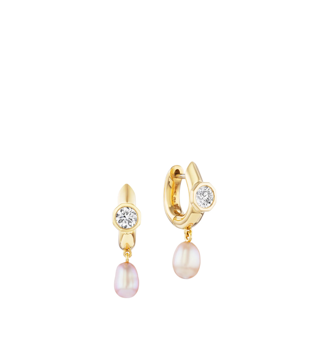 Image 1 of 1 - GOLD - UNIFORM OBJECT Machina Pearl Drop featuring pair of 6MM huggies, two freshwater pearls, 9.15G of 18K yellow gold and 0.5 TCW round diamonds.