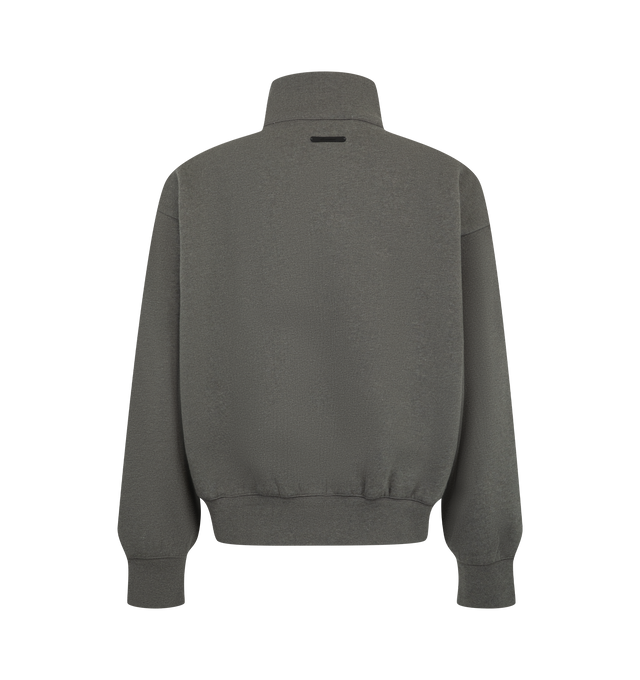 Image 2 of 2 - GREY - Fear of God ESSENTIALS Men's Signature Classic Half-Zip Sweatshirt is crafted from heavyweight 380 GSM core fleece and features a relaxed-fit silhouette with a high neckline and half-zip front closure. Designed with an embroidered ESSENTIALS signature logo at the front, this elevated everyday layer is finished with rib-knit cuffs and hem, while a signature ESSENTIALS label at the back collar completes the design. Main Material: 80% Cotton, 20% Polyester, 380 GSM Core Fleece. Imported.