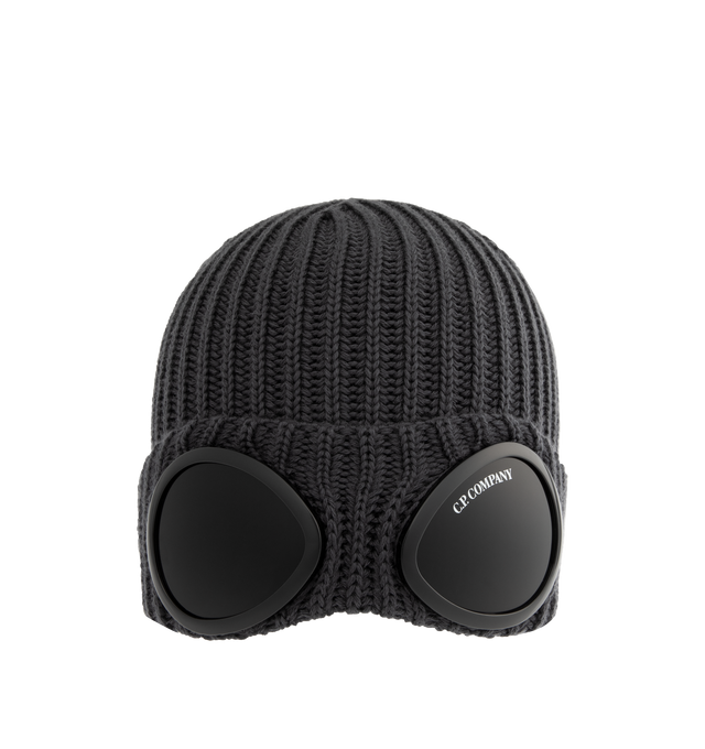 Image 1 of 2 - BLACK - C.P. COMPANY Extrafine Merino Wool Beanie featuring a ribbed knit, a woven logo label and C.P. Companys iconic Goggle lenses. 100% wool.