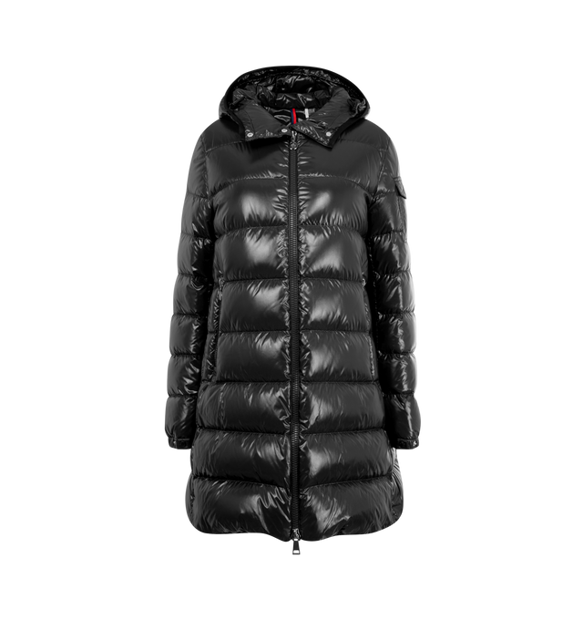 Image 1 of 3 - BLACK - MONCLER Courcelles Hooded Mid-Length Down Jacket featuring nylon laqu lining, down-filled, hood, zipper closure, zipped pockets, sleeve pocket with snap button closure, waist and hem with drawstring-fastening and adjustable cuffs. 100% polyamide/nylon. Padding: 90% down, 10% feather.