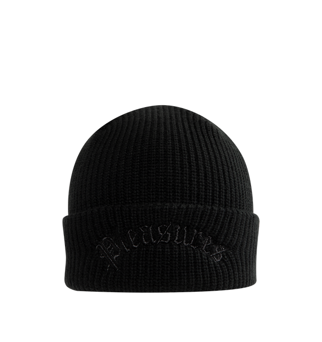 Image 1 of 2 - BLACK - PLEASURES Arch Beanie featuring a ribbed beanie, logo embroidery and folded brim.