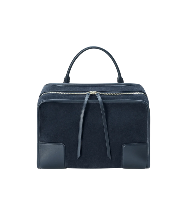 Image 5 of 16 - NAVY - Loewe Large Amazona 180 Bag in suede featuring a relaxed silhouette anchored by a single toron top handle, designed to be carried open while a concealed closure secures the main compartment, removable shoulder and crossbody straps, zip closure with two leather zip pullers, two compartments, main compartment closed with magnetic closure, internal flat pocket, left side d-ring for customization, suede and nappa lambskin lining, embossed LOEWE and embossed double L branding. Suede/calf.