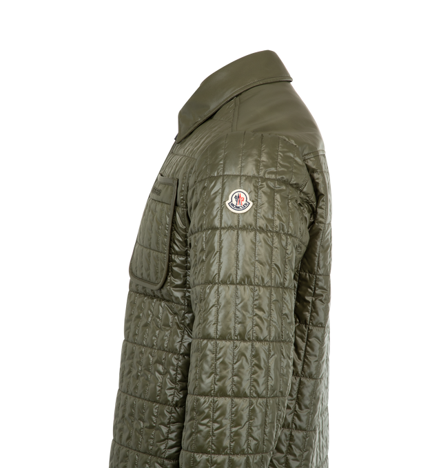 Image 3 of 3 - GREEN - MONCLER Madiere Vertical-Quilted Padded Shirt Jacket featuring polyester lining, padded, zipper and snap button closure, zipped pockets, chest pocket, adjustable cuffs and logo detail. 100% polyester. Padding: 83% polyester, 17% polyethylene.
