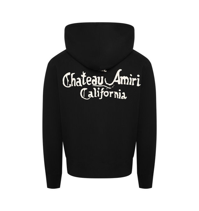 Image 2 of 2 - BLACK - AMIRI MA Chateau Zip Hoodie featuring a full front zipper closure, ribbed cuffs and hem, adjustable drawstring hood, and signature rose-embroidered Chateau Amiri California logo on the chest. 100% cotton. Made in Italy.