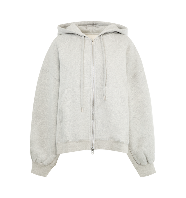 Image 1 of 2 - GREY - RUADH The Scott Hoodie featuring a softly-rounded silhouette, cut in washed organic cotton. The fluid shape has the ease and versatility of a classic hoodie but with thoughtful, sculptural detailing. The Scott features a two-way zipper for styling options, drawcord at hood to cinch, and RADH emblem embroidery at sleeve edge. 100% organic cotton. Made in Portugal.