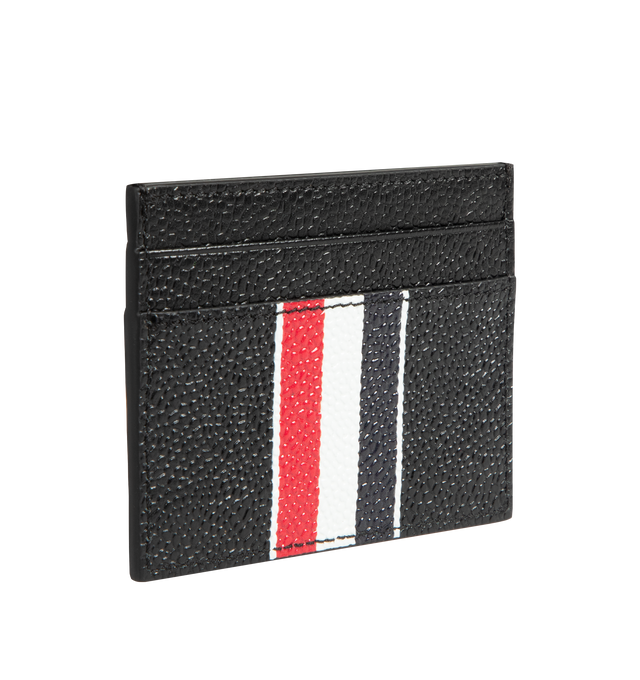Image 2 of 3 - BLACK - THOM BROWNE Double Sided Card Holder featuring durable pebble grain leather, four card slots, central slip compartment, RWB stripe, gold foil logo, tricolor lining and signature striped grosgrain loop tab. L 10 x W 0.5 x H 8 cm. 100% Calf Full Grain Leather. Lining: 100% Polyester. Made in Italy.