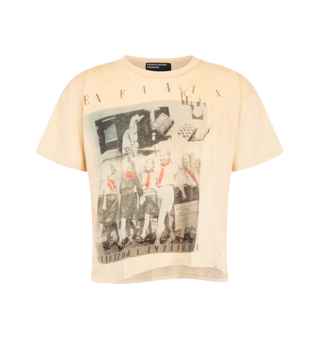 Image 1 of 2 - NEUTRAL - Enfants Riches Dprims Enfants '?????? ?????' Always Ready T-Shirt is crafted from lightweight vintage-texture cotton jersey and features a boxy oversized fit, a rib-knit crew neckline, and single-stitch hems at the cuffs and waist. Designed with artwork printed at the front and back, this signature style is finished with the brand's vintage wash process and distressing throughout for a worn-in look and feel. Main Material: Cotton Jersey. Fit: Boxy Oversized. Made in the USA.
