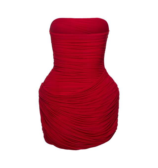 Image 2 of 2 - RED - MAGDA BUTRYM Strapless Ruched Floral Mini Dress featuring ruching along the sides for a dramatic silhouette, hip area is accentuated with exaggerated padding and additional draped overlays, the bodice is elasticated for support with an inner bodysuit for a secure fit. 92% cupro, 8% elastane.