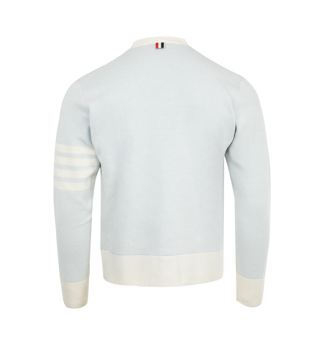 Image 2 of 2 - BLUE - THOM BROWNE V Neck Cardigan featuring relaxed fit, v neck, button front closure, 4 bar stripe on sleeve, 2 front slip pockets and signature striped grosgrain loop tab.