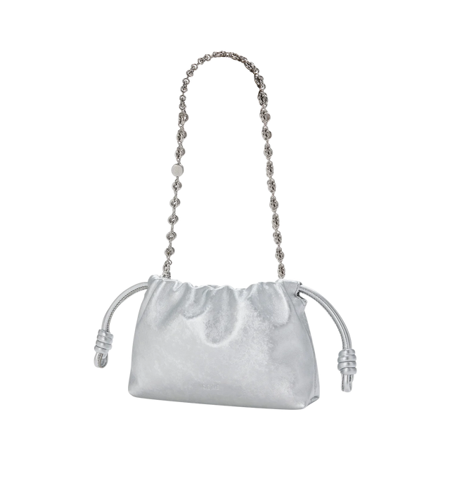 Image 2 of 4 - SILVER - LOEWE Mini Flamenco Purse in moir printed calfskin featuring a ruched shape and historical knot drawstrings, shoulder, crossbody or hand carry, detachable sliding donut chain with Anagram Pebble, magnetic closure, suede lining and embossed LOEWE. Moir printed calf. 14 cm x 21 cm x 8 cm. Made in Spain.