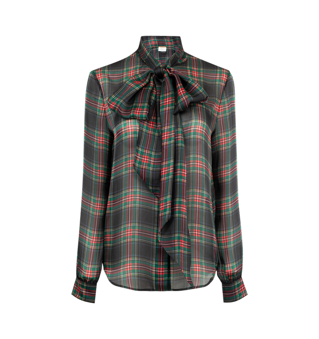 Image 1 of 2 - MULTI - SAINT LAURENT Lavallire Blouse in tartan silk charmeuse featuring a lavallire tie, concealed front button closure, lavallire neck, one-button mitered cuffs and curved hem. 100% silk. Made in Italy.