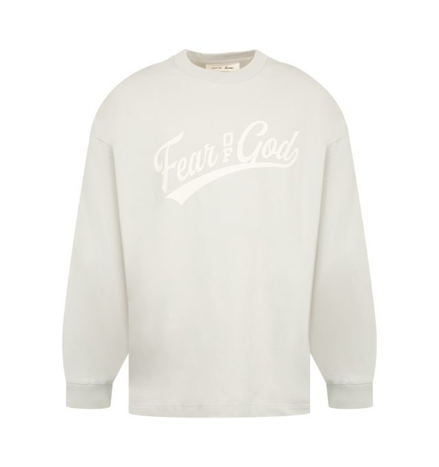 Image 1 of 2 - GREY - Fear of God Mens Merch T-Shirt is crafted from heavyweight 300 GSM cotton jersey. Features a boxy relaxed fit, dropped shoulders, ribbed crew neckline, puff-printed FOG graphic at the front, All Valley Essentials graphic at the back, and an Essentials signature label at the back collar. Main Material: 100% Cotton.