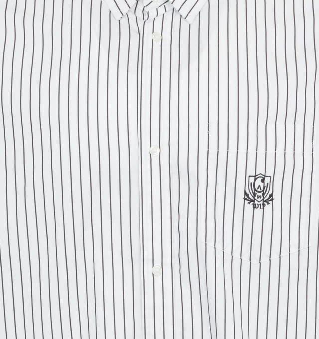 Image 3 of 3 - WHITE - CARHARTT WIP Linus Shirt featuring stripes throughout, concealed button tab at spread collar, button closure, logo graphic embroidered at patch pocket, shirttail hem, dropped shoulders, single-button barrel cuffs and box pleat at back yoke. 100% cotton. Made in Bangladesh. 