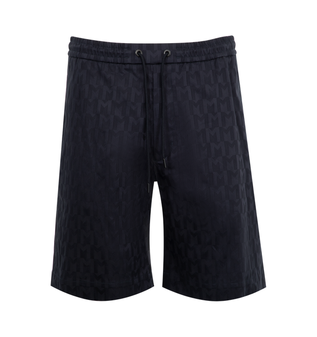 Image 1 of 3 - NAVY - Moncler Monogram Printed Shorts have an elastic drawstring waist, side pockets, and a back button flap pocket. 100% polyester. Made in Italy
