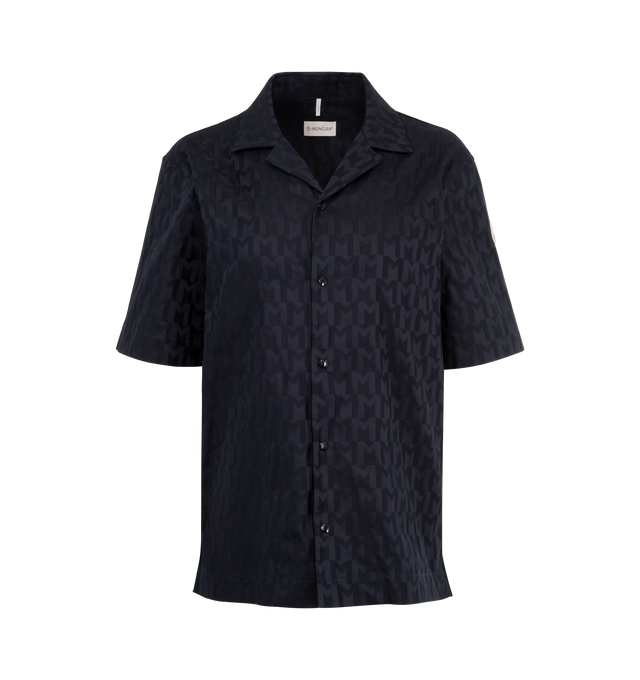 Image 1 of 3 - NAVY - MONCLER Monogram Jacquard Cotton Shirt featuring jacquard cotton, short sleeves, anap button closure and chest pocket. 99% cotton, 1% elastane/spandex. Made in Romania.