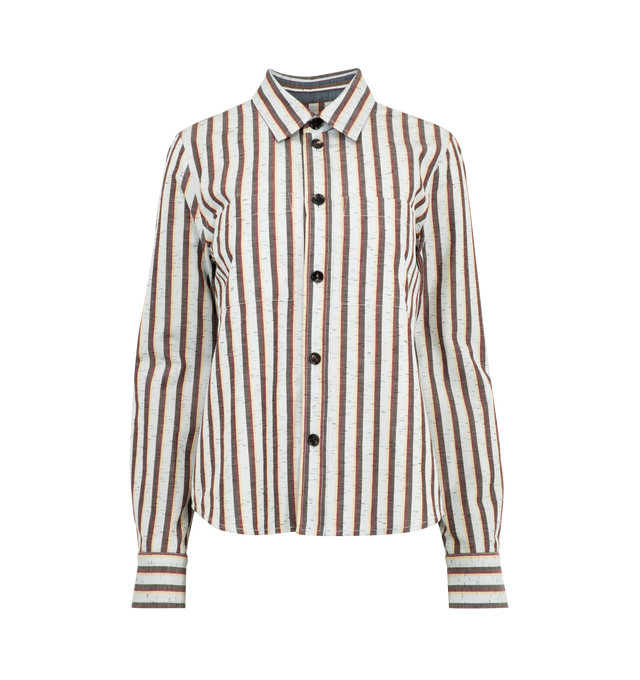 Image 1 of 4 - BROWN - BOTTEGA VENETA Bold Stripe Shirt featuring shirt in cotton and linen with bold striped design, button closure, classic collar and regular fit. 84% cotton, 12% linen, 4% polyamide. Made in Italy.