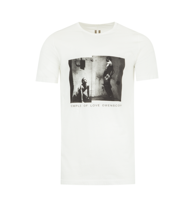 Image 1 of 2 - WHITE - DRKSHDW Level T-shirt featuring organic cotton jersey T-shirt, garment-dyed, crewneck, graphic and text printed at front, offset shoulder seams and central seam at back. 100% cotton. Made in Portugal.