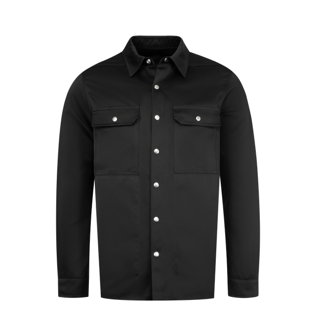 Image 1 of 2 - BLACK - RICK OWENS Outershirt featuring duchesse satin overshirt, GRS-certified satin, spread collar, press-stud closure, flap pockets at chest, offset shoulder seams, press-stud barrel cuffs, webbing strap at back yoke, zip pocket at interior waist and unlined. 100% polyester. Made in Italy.