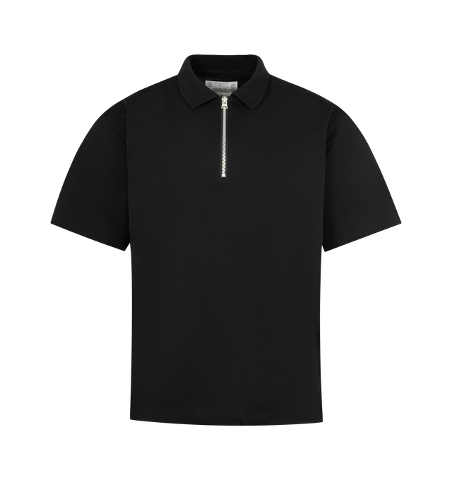 Image 1 of 2 - BLACK - SACAI Cotton Jersey T-Shirt featuring quarter zip polo collar, short sleeves and regular fit. Cotton.
