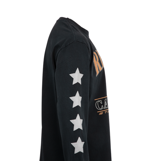 Image 3 of 3 - BLACK - RHUDE Cambridge State Champions Tee featuring rib-knit crewneck, logo graphic printed at front and on sleeves, long sleeves and dropped shoulders. 100% cotton. Made in USA.