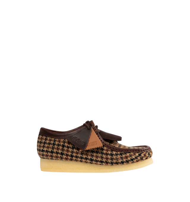 Image 1 of 4 - BROWN - CLARKS Wallabee Shoe featuring Harris Tweed upper, leather collar, apron binding, moccasin construction, brown round waxed lace with tassel aglets, Clarks Originals Leather and 200 years FOBS, Harris Tweed woven label inside quarter, Clarks Originals woven sock label and crepe rubber outsole.
