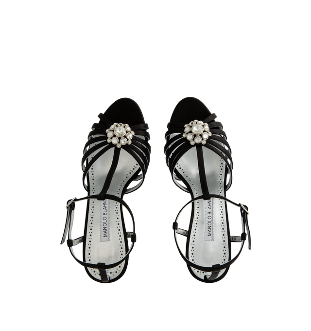 Image 4 of 4 - BLACK - MANOLO BLAHNIK Fulcon Embellished Strappy Sandals featuring a strappy design adorned with crystal embellishments, a curved heel, open toe, buckle closure and textile upper. Made in Italy.