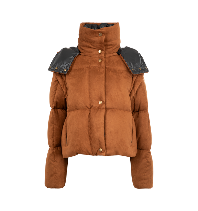 Image 1 of 4 - BROWN - MONCLER Paterne 2-in-1 Hooded Short Down Jacket featuring polyester lining, down-filled, detachable and adjustable hood, detachable sleeves, zipper closure and zipped pockets. 98% polyester, 2% elastane/spandex. Padding: 90% down, 10% feather.