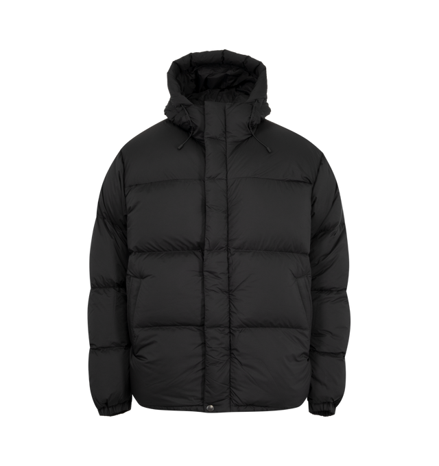 Image 1 of 3 - BLACK - Canada Goose Men's Sterling Puffer Coat is crafted from lightweight plain-weave poly fabric with a smooth matte finish and features a regular-fit silhouette with wide quilted baffles. Designed for cold-weather protection, this down-filled coat is finished with a fixed hood with hidden cord lock, a concealed snap placket over a two-way zip closure, an exposed bottom snap, elasticized cuffs, and an adjustable drawcord hem. Functional storage includes two exterior zippered welt pockets,