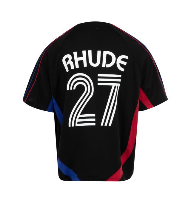 Image 2 of 2 - BLACK - RHUDE 27 Jersey Tee featuring crew neck, short sleeves, striped down side and graphic on front and back.
